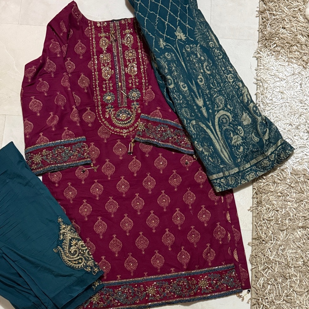 Embroidered Maroon and Teal pakistani Outfit